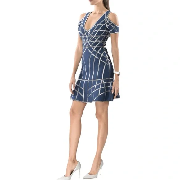 HERVE LEGER VERONIKKA CAGED STRAPPY SEXY RARE COLD-SHOULDER FLUTE DRESS Sz L - Picture 3 of 17